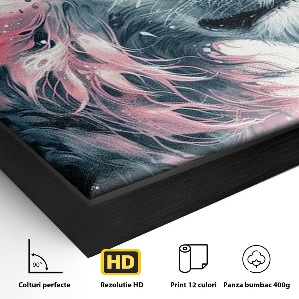 Detaliu al suprafetei: tablou canvas cu leu in profil, in rama de aluminiu negru